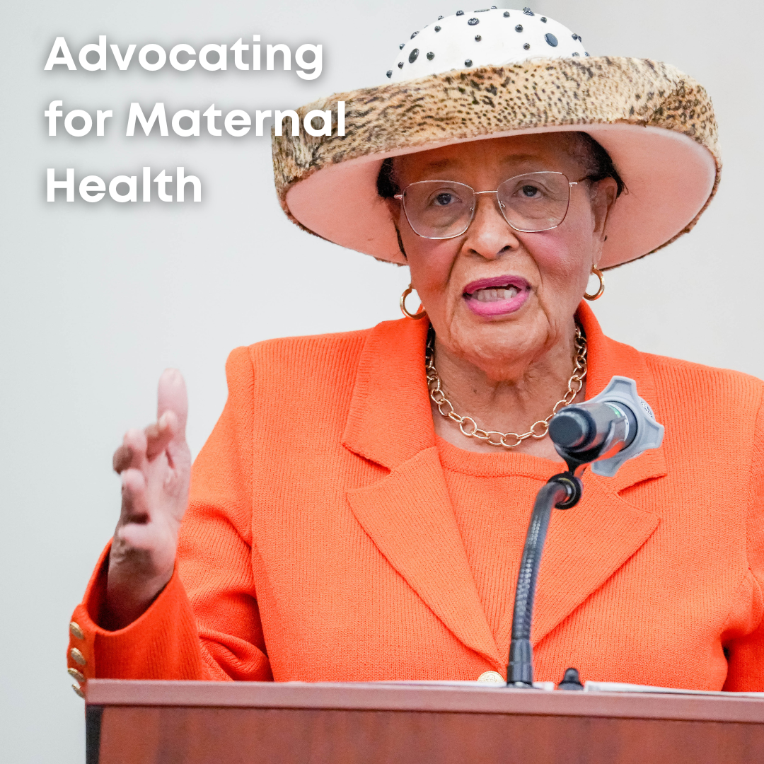 Rep. Adams delivering remarks at a podium.
