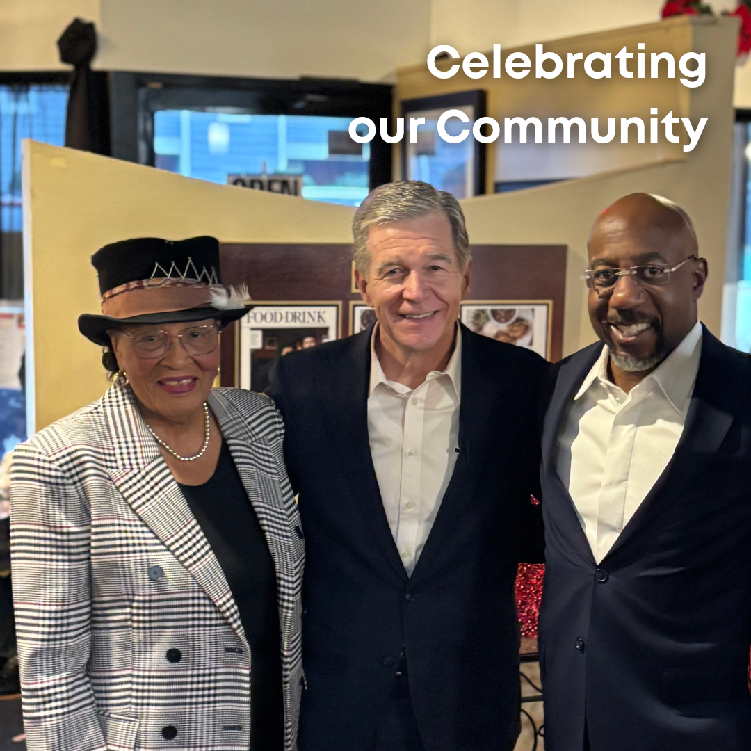 Rep. Adams poses with Sen. Warnock and former Gov. Cooper