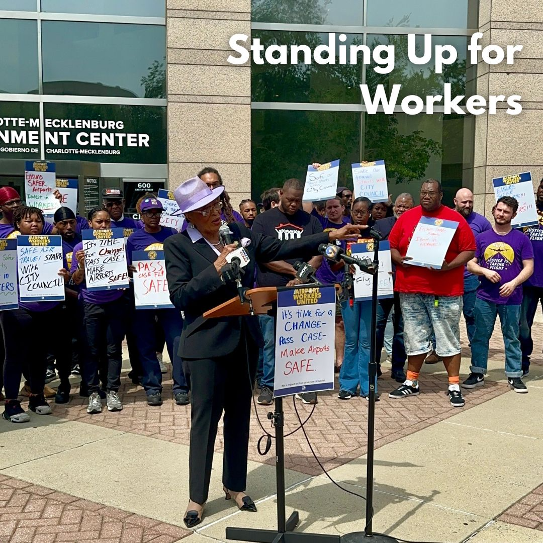 Rep. Adams speaks at a CLT airport workers rally on April 22, 2025