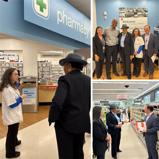 Rep. Adams photo collage at a Walgreens pharmacy tour