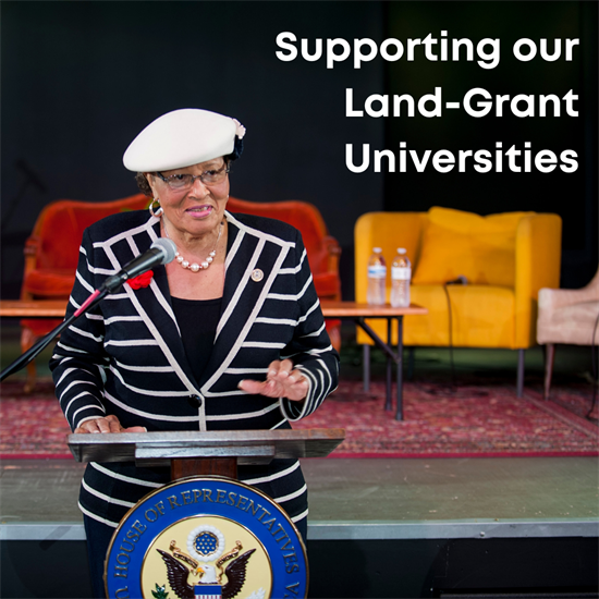 Rep. Adams at a podium delivering remarks with the caption "Supporting our Land-Grant Universities"