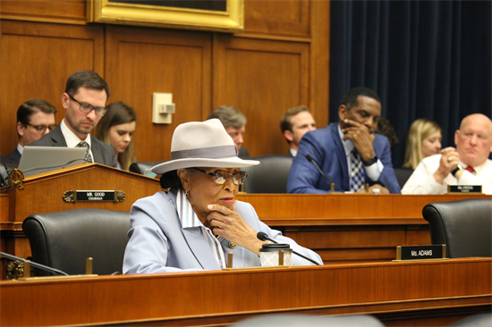 Rep Adams listens to testimony in committee hearing